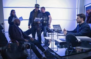 Pete Chatmon on the set of A Million Little Things with Romany Malco and Jerry Ferrara