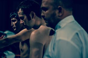 Stuart Brennan with world champion Erik Morales in the film RISEN.