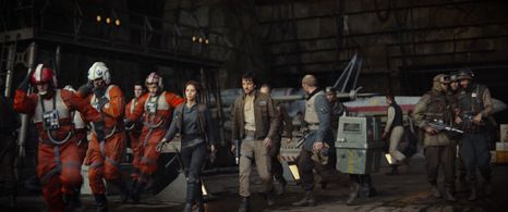 Felicity Jones, Diego Luna, Benjamin Hartley, and Russell Balogh in Rogue One: A Star Wars Story (2016)