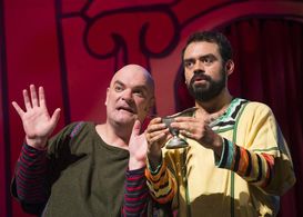 on stage as Pseudolus in A Funny Thing Happened on the Way to the Forum with Theatre Harrisburg (PA)