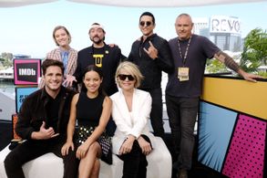 Linda Hamilton, Kevin Smith, Natalia Reyes, Diego Boneta, Tim Miller, Gabriel Luna, and Mackenzie Davis at an event for 
