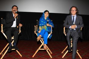 Davis Guggenheim, Malala Yousafzai, and Ziauddin Yousafzai at an event for He Named Me Malala (2015)