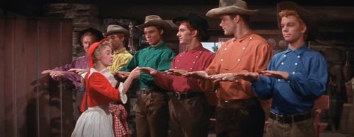 Jane Powell, Jacques d'Amboise, Matt Mattox, Marc Platt, Tommy Rall, Jeff Richards, and Russ Tamblyn in Seven Brides for