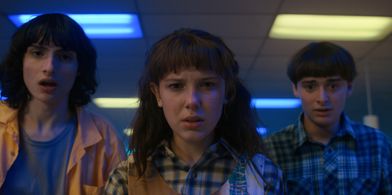 Millie Bobby Brown, Finn Wolfhard, and Noah Schnapp in Stranger Things: Chapter Two: Vecna's Curse (2022)