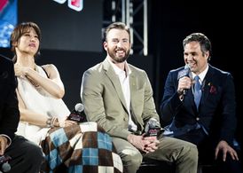 Chris Evans, Mark Ruffalo, and Claudia Kim at an event for Avengers: Age of Ultron (2015)