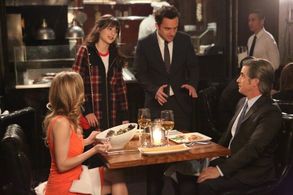 Dermot Mulroney, Zooey Deschanel, Chelsey Crisp, and Jake Johnson in New Girl (2011)