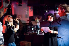 Michelle Lombardo, Lisa Rieffel, Angela Robinson, and Jimmi Simpson filming Girltrash.