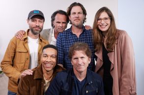 Walton Goggins, Jonathan Nolan, Graham Wagner, Todd Howard, Aaron Moten, and Geneva Robertson-Dworet at an event for Fal