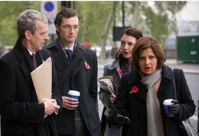 Rebecca Gethings in 'The Thick of It' with Rebecca Front, Peter Capaldi and Chris Addison