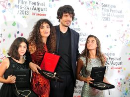Lika Babluani, Nana Ekvtimishvili, Simon Gross and Mariam Bokeria at the Sarajevo Film Festival, receiving The Heart of 