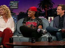 Kyra Sedgwick, Ed Helms, and Lena Waithe in The Late Late Show with James Corden (2015)