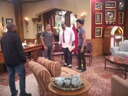 Still photo of Cedric the Entertainer, Maestro Harrell, Nathan Davis and Phill Lewis at the rehearsal on set of The Soul