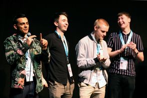 Samuel Bottomley, Rian Gordon, Lewis Gribben, and Viraj Juneja at an event for Get Duked! (2019)