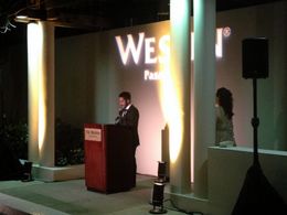 Aaron Wolf presenting the Career Inspiration Award to Michael Gross at the 2014 Pasadena International Film Festival.