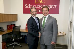 Jay Famiglietti and Gov. Arnold Schwarzenegger at water forum at USC, May 7, 2015
