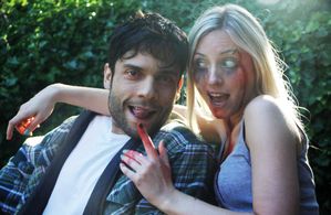 Goofing on the set of Resolution, with fellow actor, Tabitha Bastien.