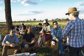 Lucas Akoskin, Warwick Thorton on the set of Words With Gods.