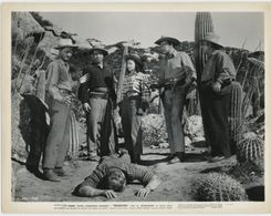 Robert Young, Marguerite Chapman, Barton MacLane, Mike Mazurki, Willard Parker, and Akim Tamiroff in Relentless (1948)