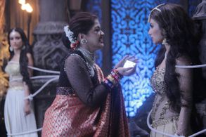 Sudha Chandran, Mouni Roy, and Surbhi Jyoti in Naagin: Episode #3.103 (2019)