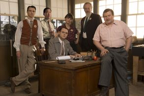 Harry Lloyd, Daniel Stern, Eddie Shin, Katja Herbers, Christopher Denham, and Michael Chernus in Manhattan (2014)