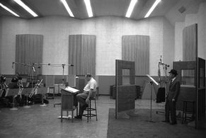 Frank Sinatra in the recording studio with Billy May circa 1959