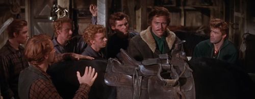 Jacques d'Amboise, Howard Keel, Matt Mattox, Marc Platt, Tommy Rall, Jeff Richards, and Russ Tamblyn in Seven Brides for