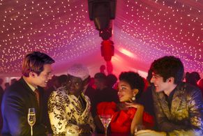 Taylor Zakhar Perez, Rachel Hilson, Nicholas Galitzine, and Malcolm Atobrah in Red, White & Royal Blue (2023)