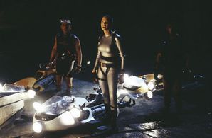 (Center) Angelina Jolie as Lara Croft with Daniel Caltagirone as Nicholas Petraki and Fabiano Martell as Jimmy Petraki