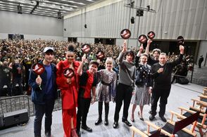 Ivan Reitman, Jason Reitman, Logan Kim, Gil Kenan, Carrie Coon, Mckenna Grace, Finn Wolfhard, and Celeste O'Connor at an