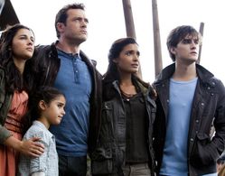 Shelley Conn, Jason O'Mara, Landon Liboiron, Naomi Scott, and Alana Mansour in Terra Nova (2011)