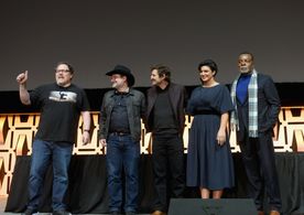 Carl Weathers, Pedro Pascal, Jon Favreau, Dave Filoni, and Gina Carano at an event for The Mandalorian (2019)