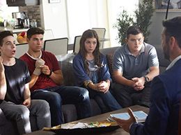 Jason Priestley, Luke Bilyk, Katie Douglas, Jake Sim, and Matthew Tissi in Raising Expectations (2016)