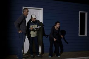 Blocking a night heist for Go Fish with co-writer/co-director Kate Drummond and lead Gillian Wetherald.