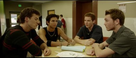 Josh Outzen, Trevor Lyons, Andrew Hardin and Zach Griffin on the set of horror feature 