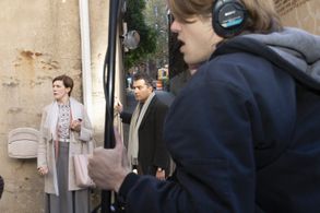 On set for Murmur. Directed by Sabrina Seidner. Alex Tavis and Lori Funk.