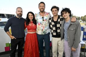 Lucy Liu, Zachary Levi, David F. Sandberg, Asher Angel, and Jack Dylan Grazer at an event for Shazam! Fury of the Gods (