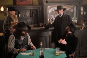Helena Marie, Claude Duhamel, Kim Coates, and Geoff Gufstafson on set for Stagecoach: The Texas Jack Story.