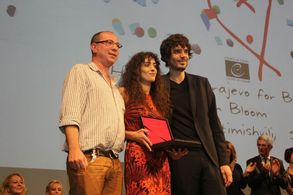 Guilliaume De Seille, Nana Ekvtimishvili and Simon Gross at the Sarajevo Film Festival, receiving The Heart of the Saraj