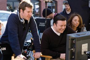 Ricky Gervais, Lynda Obst, and Matthew Robinson in The Invention of Lying (2009)