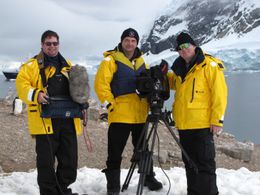Production Team of The Antarctica Challenge in Neko Harbour, Antarctica. From left, Sound Recordist Stephen Bourne, Prod