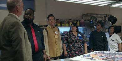 Bill Glass, Ed Helms, Sean Alexander James, Kamaria Williams, and Jana Schmieding in Rutherford Falls (2021)