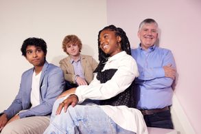 Walker Scobell, Rick Riordan, Aryan Simhadri, and Leah Jeffries at an event for Percy Jackson and the Olympians (2024)