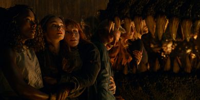 Laura Dern, Sam Neill, Bryce Dallas Howard, Chris Pratt, DeWanda Wise, and Isabella Sermon in Jurassic World: Dominion (