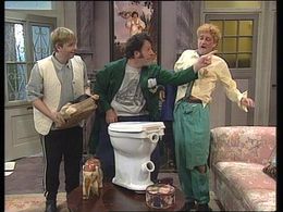 Wim T. Schippers, Dick van den Toorn, and Maarten Wansink in We zijn weer thuis (1989)