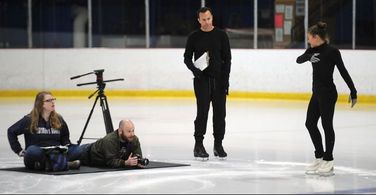 Mark Lund (standing) directing Isabella Ramirez in Serpentine. Also pictured Liz Carr, script supervisor, and Jeremy Bla