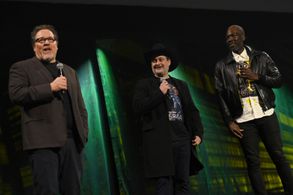 Rick Famuyiwa, Jon Favreau, and Dave Filoni at an event for The Mandalorian (2019)