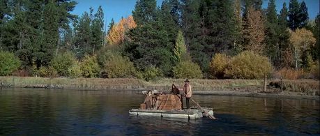 Katharine Hepburn, John Wayne, and Richard Romancito in Rooster Cogburn (1975)