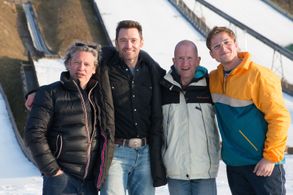 Dexter Fletcher, Hugh Jackman, Eddie 'The Eagle' Edwards, and Taron Egerton in Eddie the Eagle (2015)