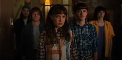 Millie Bobby Brown, Finn Wolfhard, Charlie Heaton, Noah Schnapp, and Eduardo Franco in Stranger Things: Chapter Three: T