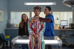 Luke Rollason (JIZZLORD),Mairead Tyers (JEN) and John Macmillan (DR WENDERBURN) in Extraordinary (Disney+ UK)